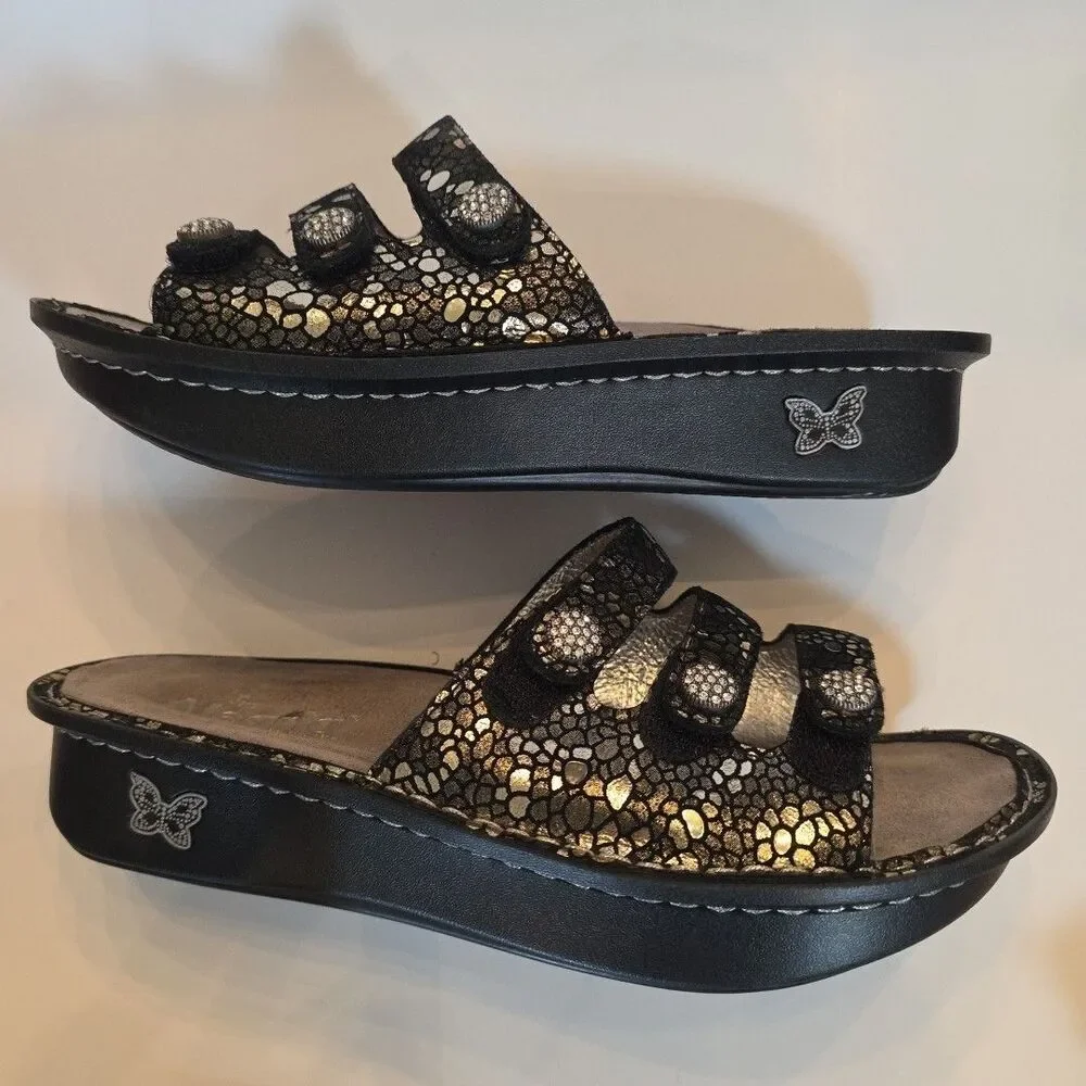 Alegria Women's Fiona Triple-Strap Black Pewter Mosaic‎ Sandals Size 39 Comfort